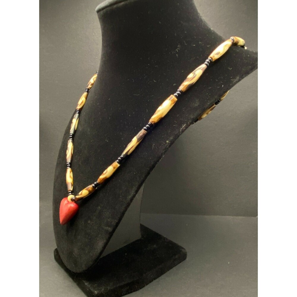 Bead Multicolor Necklace with Carved Red Heart - Picture 3 of 3